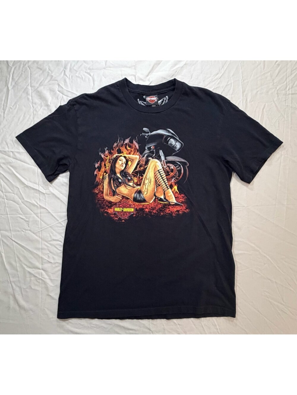 Harley Davidson Hot Rod Muskegon MI Pinup Motorcycle Graphic T Shirt Black